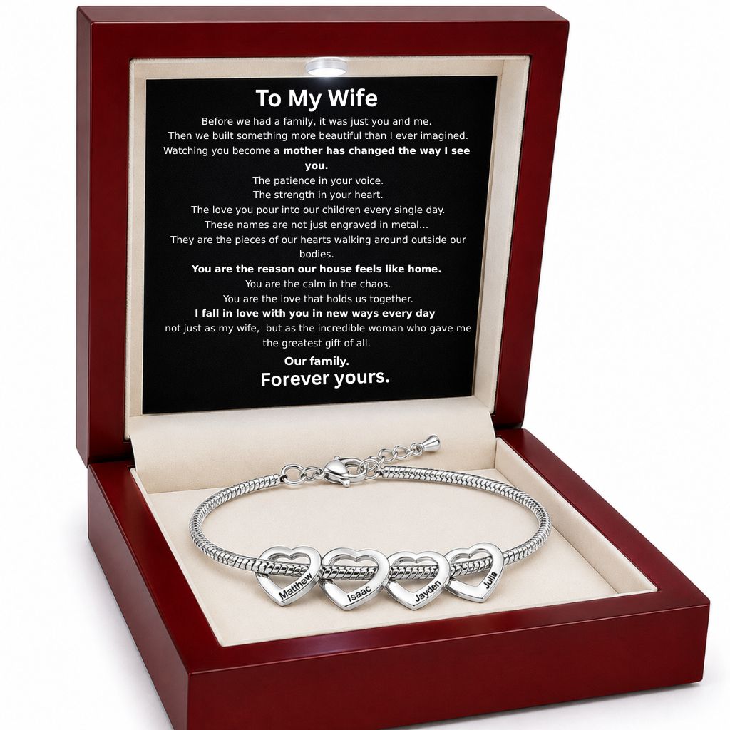 To My Wife – All My Loves Personalized Heart Bracelet (Engraved Names)