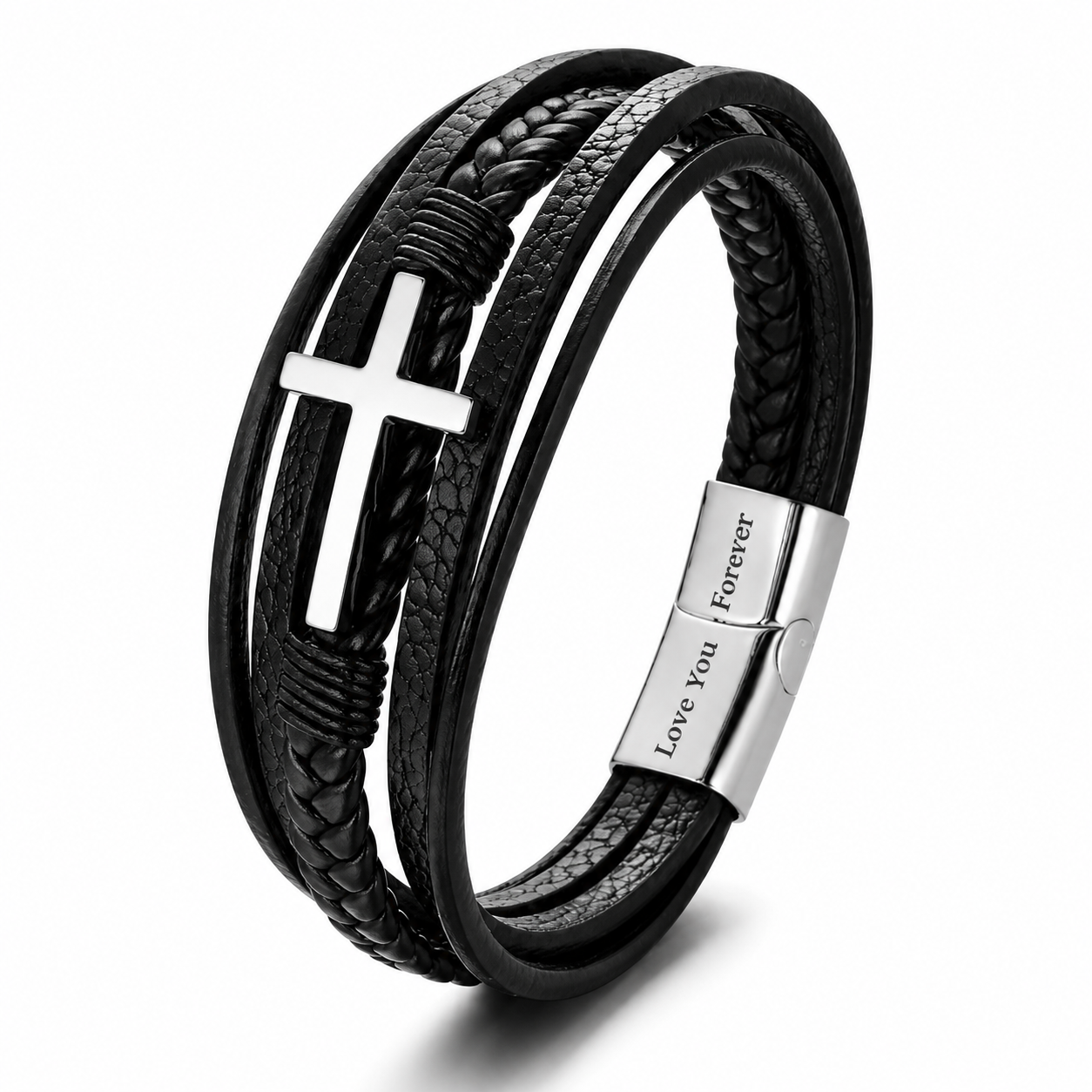 To My Grandson - Cross Leather Bracelet - Love You Forever Engraving