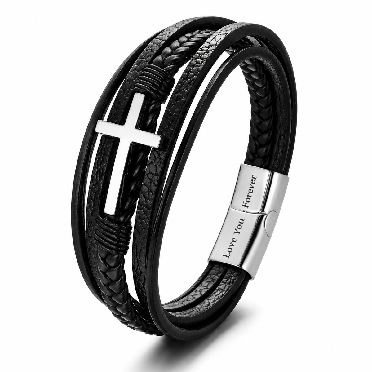 Cross Leather Bracelet - Meaningful Engraving
